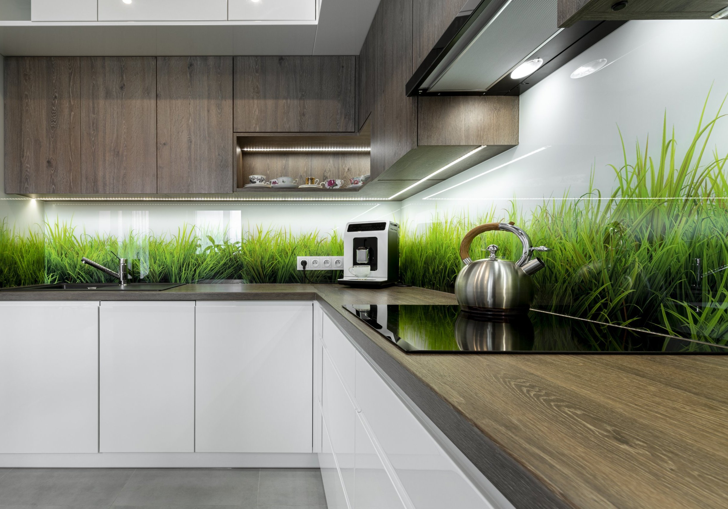 Kuchynska linka so sklenenou kuchynskou zastenou s travou na obrazku