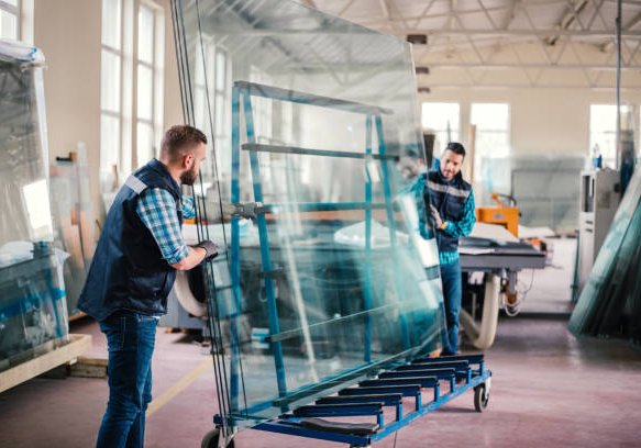 Zmestnanci sklenarstva premiestnuju velky format tabuloveho skla na stojane